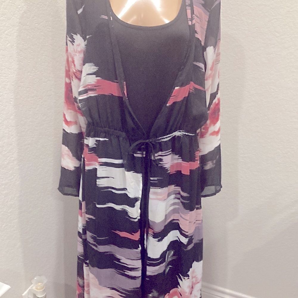 New Ashley Stewart black maxi slip dress with colorful duster top - Picture 3 of 6